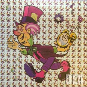 Colorful illustration of a whimsical character in a top hat and bow tie, joyfully holding a clock and surrounded by playful, psychedelic patterns. The character has exaggerated features and a mischievous expression, embodying a vibrant, cartoonish style.